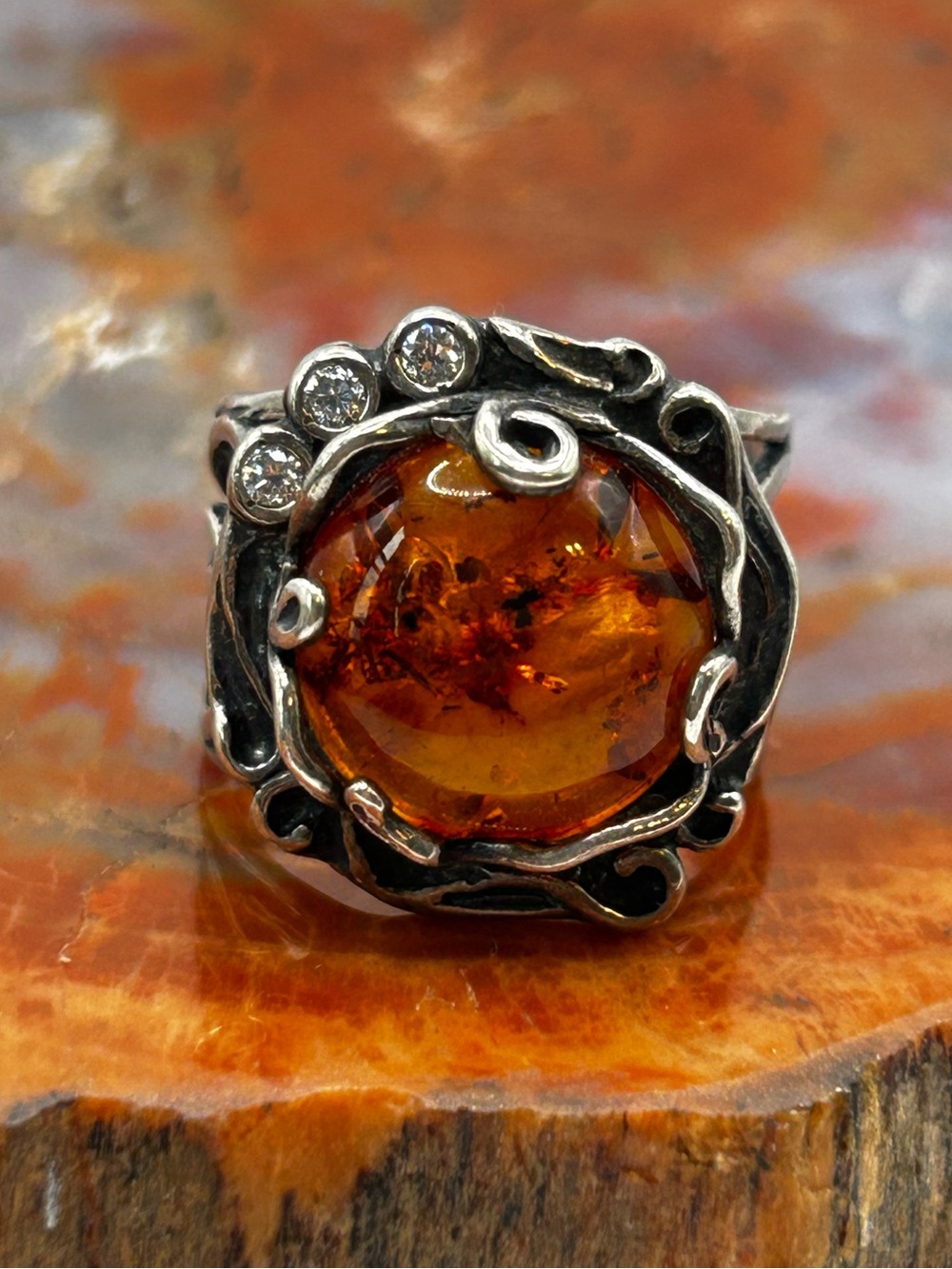 Handcrafted Sterling Silver Amber Ring - Size 10